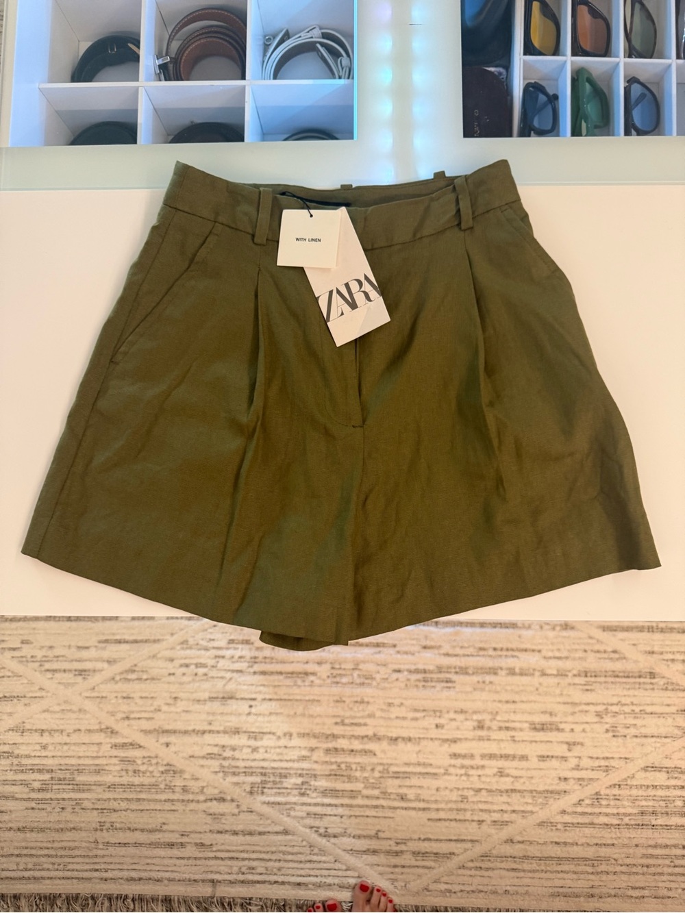 ZARA Olive Green High-Waist Pleated Shorts